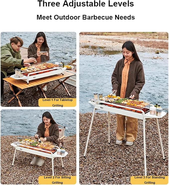 Portable Charcoal Grill Folding Stainless Steel Smoker BBQ Grill Adjustable Height Barbecue Grill with Removable Side Table for Outdoor Cooking Camping