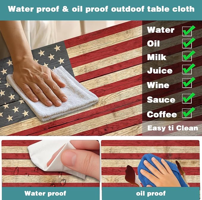 Retro American Flag Picnic Table Cover with Bench Covers Set | Wood Texture Waterproof Elastic Edges Camping Tablecloths Fitted Picnic Table Cover for Outdoor, Camping, 3Pcs 30x96 Inch