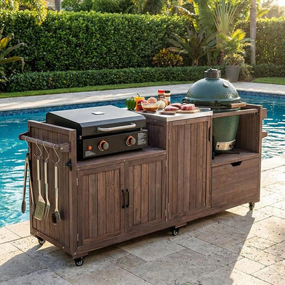 LUMISOL Outdoor Grill Cart for Big Green Egg, 80.5" Solid Wood Outdoor Kitchen Island with Stainless Steel Top and Drawer, Rolling Kitchen Cart for 21"/28" Blackstone Griddle, Dark Brown