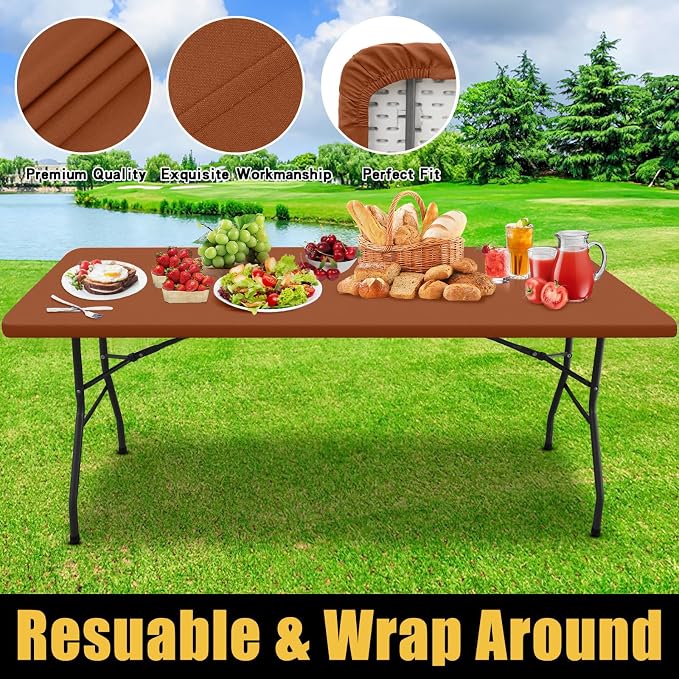 Smiry Rectangle Picnic Table Cloth, Waterproof Elastic Fitted Tablecloths for 6 Foot Tables, Washable Polyester Table Cover for Camping, Indoor and Outdoor (Terracotta, 30"x72")