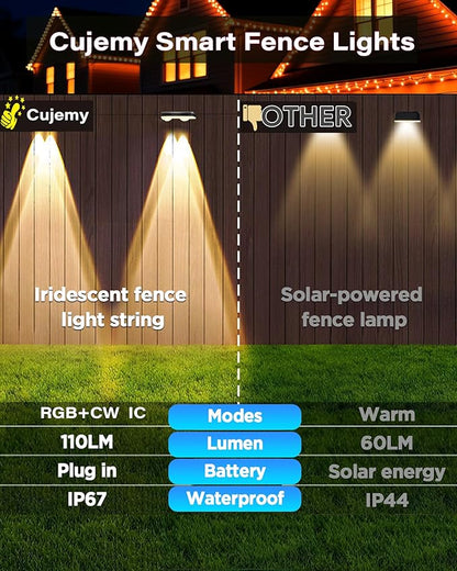 Outdoor Fence Lights 8 Pack, 50ft Smart RGB Outdoor Lights, APP, Remote Control, IP67 Waterproof LED String Light with Timer for Wall Deck Step Patio Railing Yard Stairs Pool Christmas Decor
