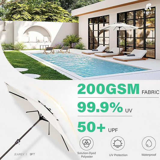 JEAREY 9' 2-Tiers Patio Umbrellas Outdoor Table Market Umbrella w/Push Button Tilt/Crank, 8 Sturdy Ribs, UV Protection Waterproof Sunproof(Cream White)