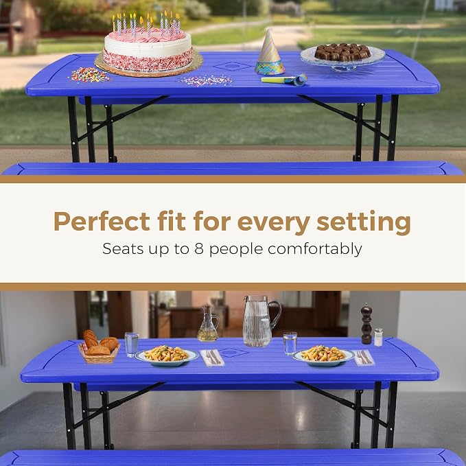 OEF Furnishings Heavy Duty Blow Molded Folding Picnic Table - Blue, Black Fram