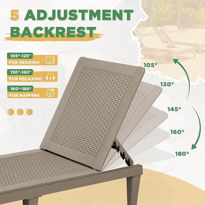 Greesum Lounge Chairs Set of 4 All Weather Outdoor Angle Adjustable Chaise for Beaches,Gardens,Decks and Pools,Light Coffee