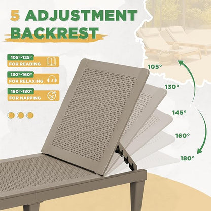 Greesum Lounge Chairs Set of 4 All Weather Outdoor Angle Adjustable Chaise for Beaches,Gardens,Decks and Pools,Light Coffee