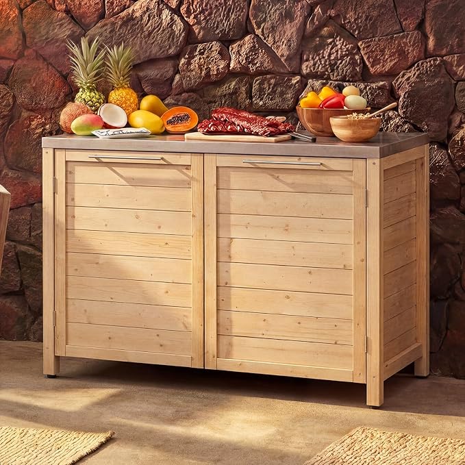 MOUMON Patio Kitchen Storage Cabinet with Stainless Steel Countertop, Solid Cedar Patio Prep Table for Grilling, Outdoor Cooking Station, Oak 51.2”W x 23.6”D x 37.4”H