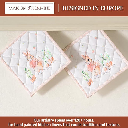 Maison d' Hermine Pot Holders 100% Cotton Heat Resistant Potholders 8" x 8" Hot Pads with Loop BBQ Cooking Baking Hotel Farmhouse Kitchen Handling Hot Pans Spring Summer (Pack of 2, Bunny Party)