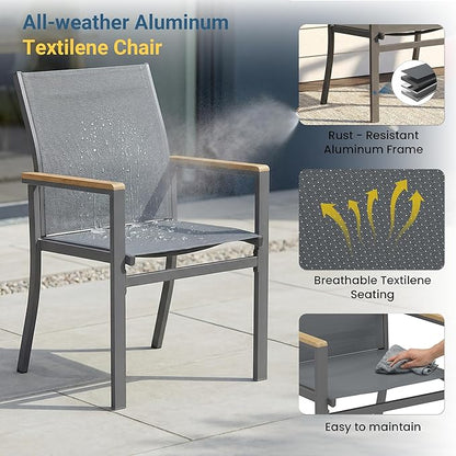 5-Pieces Aluminum Patio Table and Chairs for All-Weather, Patio Table Set with Heavy Duty HDPS Square Table, Outdoor Patio Dining Furniture Set with Breathable Quick-Drying Textilene Chairs