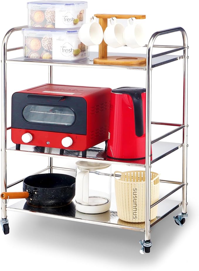 susunnus Stainless Steel Cart,Movable,3 Tier,for Kitchen,Living Room | with Brakeable Wheels,Removable checkered panel,for Bathroom,Dining Room,Stainless Steel Kitchen Cart,Utility Cart,Metal Cart