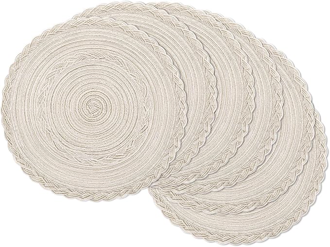 SHACOS Round Placemats Set of 6 Boho Braided Bordered Place Mats 15 inch for Dining Tables Wedding Holiday Party (Ivory Bordered, 6)