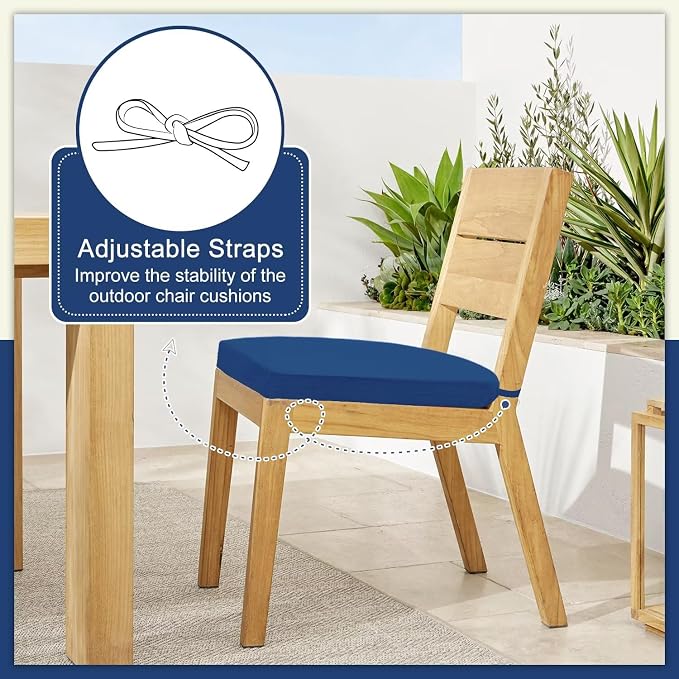 Cozyide Outdoor Chair Cushions, Waterproof Patio Seat Cushions with Adjustable Straps, Round Corner Patio Chair Cushions for Garden, Royal Blue, 17x16x2 Inch (Pack of 2)