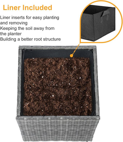 SUNNYPARK Gray Square Planter Box Rattan for Outdoors 17x17x18inch | All-Weather, Handmade PE Rattan, Removable Liner, Indoor Outdoor, Patio Porch Garden, Modern Design for Plants Flowers