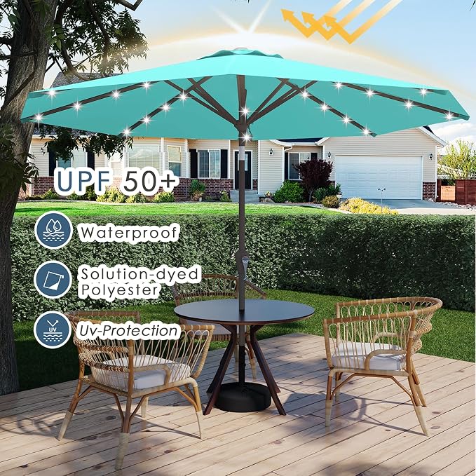 9FT Patio Umbrella with Solar Lights,Outdoor Market Umbrella with Tilt and Crank, LED Lighted Table Umbrella for Garden,Deck,Backyard,Pool,Beach (Peacock Blue)