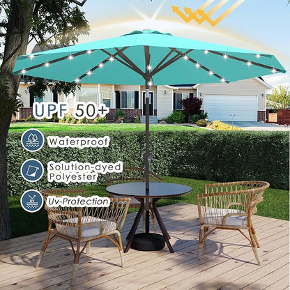 9FT Patio Umbrella with Solar Lights,Outdoor Market Umbrella with Tilt and Crank, LED Lighted Table Umbrella for Garden,Deck,Backyard,Pool,Beach (Peacock Blue)