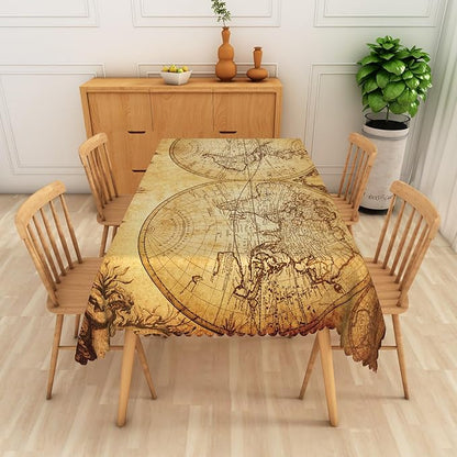 Leyiyi Retro World Map Tablecloth Vintage Globe Map Geography Rectangle Tablecloth Adventure World Awaits Party Decoration Table Covers for Dining Room Kitchen Party Camping BBQ 70x108inch