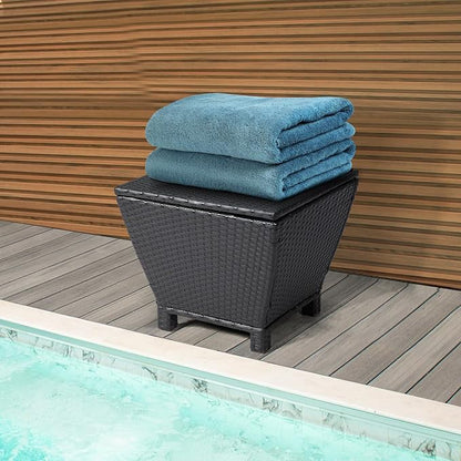 VINGLI 13 Gallon Outdoor Deck Box, Wicker Outdoor Storage Box with Lid, Small Storage Bin Container for Outside and Patio, Patio Rattan Side Table for Yard Porch (Black, Trapezoidal)