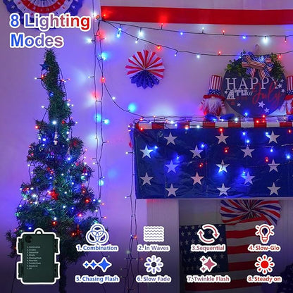 QITONG 4 Pack Red White Blue String Lights Battery Operated, Each 16ft 50 LED 4th of July Christmas Lights Outdoor, 8 Modes Green Wire Patriotic Lights Indoor for Independence Memorial Day Decor