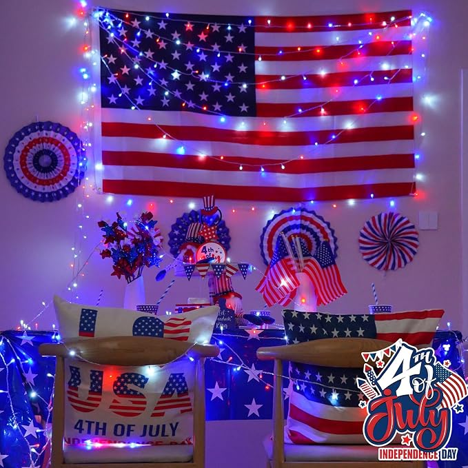 YEGUO 66ft 200 LED Red White and Blue Lights, 4th of July Decorations String Lights Plug in Indoor Outdoor, 8 Modes Clear Wire Patriotic Light for Independence Day Holiday Memorial Day Party Decor