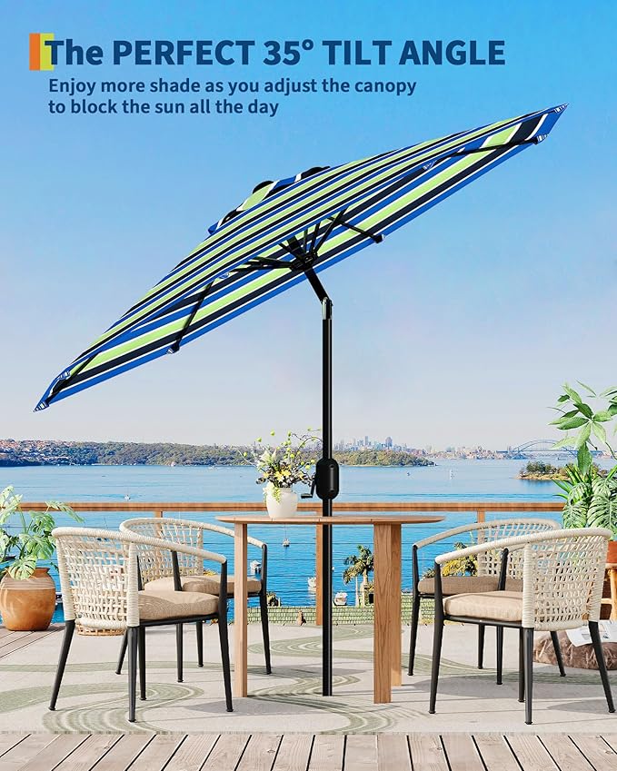 GarveeLife 9 ft Patio Umbrella, Outdoor Table Market Umbrella with Push Button Tilt and Crank, 8 Sturdy Ribs UV Protection Waterproof for Garden, Deck, Backyard, Pool (Yellow-blue-purple striped)