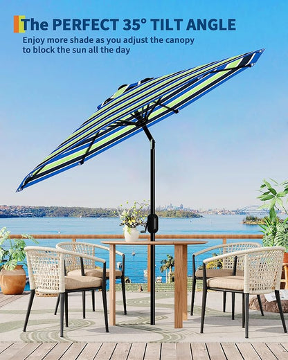 GarveeLife 9 ft Patio Umbrella, Outdoor Table Market Umbrella with Push Button Tilt and Crank, 8 Sturdy Ribs UV Protection Waterproof for Garden, Deck, Backyard, Pool (Yellow-blue-purple striped)
