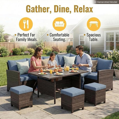 Wisteria Lane 7 Piece Patio Furniture Set, Patio Sectional for All Weather | High Curved Back Outdoor Furniture Dining Set, Wicker Patio Sofa, Patio Conversation Sets with Ottoman for Deck, Porch, Blue