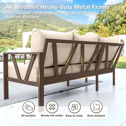 Outdoor Furniture Set, 6 Pieces Outdoor Patio Couch Sectional, L Shaped Metal Outdoor Patio Corner Sofa with 6” Thick Cushions, Outdoor Seating Conversation Set, Upgrade Beige