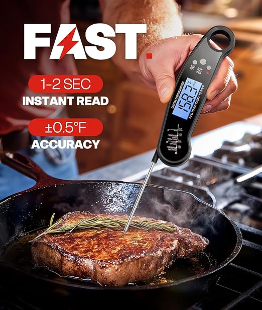 Meat Thermometer Digital – Instant Read Food Thermometer for Grilling, BBQ, Air Fryer, Smoker, Candy Making with Foldable Probe, Kitchen Gadgets, BBQ Essentials, Gift for Dad, Men, Black