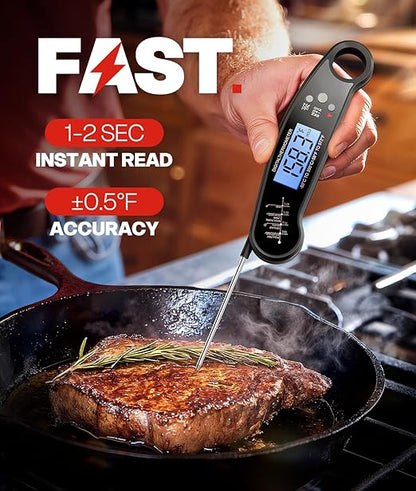 Meat Thermometer Digital – Instant Read Food Thermometer for Grilling, BBQ, Air Fryer, Smoker, Candy Making with Foldable Probe, Kitchen Gadgets, BBQ Essentials, Gift for Dad, Men, Black