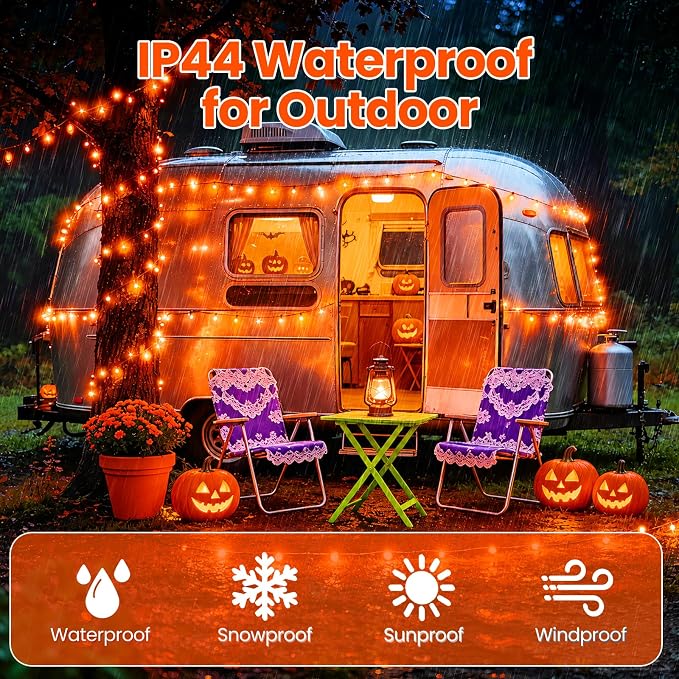 Orange Lights for Halloween Outdoor Solar String Lights Waterproof for Halloween Decorations, Total 100LED 45FT for Garden Yard Pathway Fence, 8 Modes 50LED x 2 Packs