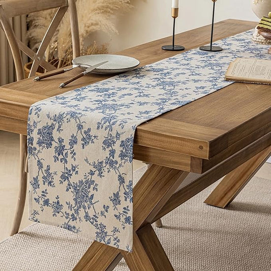 Pastoral Table Runner - 14 x 36 Inch Rectangle - Washable Tabletop with Dust-Proof Wrinkle Resistant for Restaurant, Picnic, Indoor and Outdoor Dining, Floral (Dark Blue)