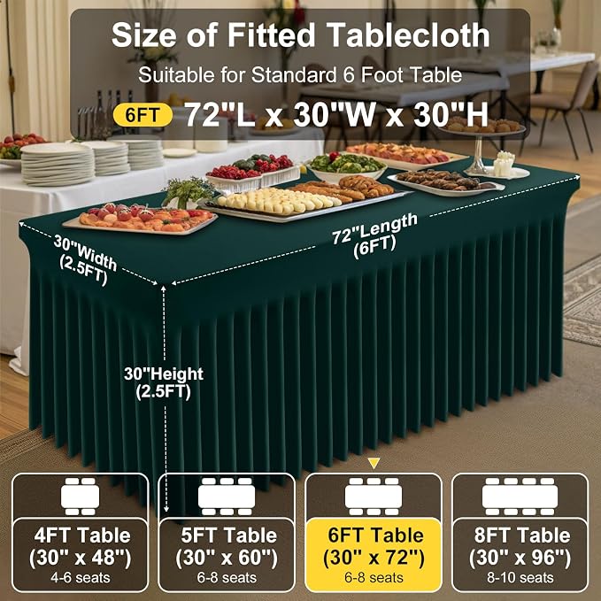 Smiry Spandex Elastic Fitted Table Cloth Skirt for 6FT Rectangle Table | Stretch Washable Table Cloth, Banquet Table Cover for Wedding, Party, Indoor & Trade Shows, (Hunter Green, 72Lx30Wx30H)