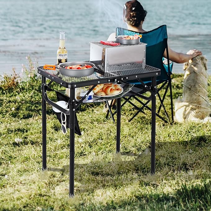 Folding Grill Table, Lightweight Height Adjustable Aluminum Table with Mesh Desktop and Mesh Bag for Outdoor Camping Picnic BBQ, Small 2 Feet, Black