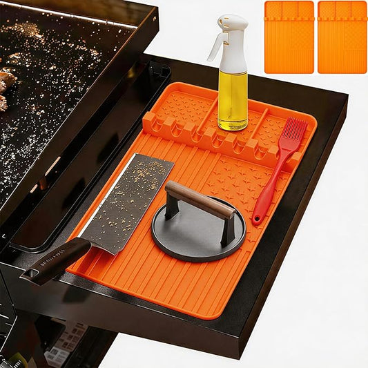 2 PCS Silicone Grill Mat Compatible with Blackstone, BBQ Griddle Tools Mat with Drip Pad, Spatula Mat for Outdoor Kitchen Counter, Gifts for Men (orange-2)