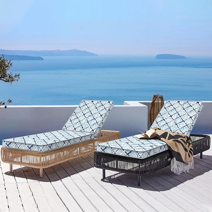 LVTXIII Outdoor Chaise Lounge Cushion 72x21x3 Inch, Water-Repellent Patio Seat Cushion with Ties & Hidden Zipper, Thick Foam Pad for Lawn Chair, Poolside, Patio Furniture, Boho Geometry Blue