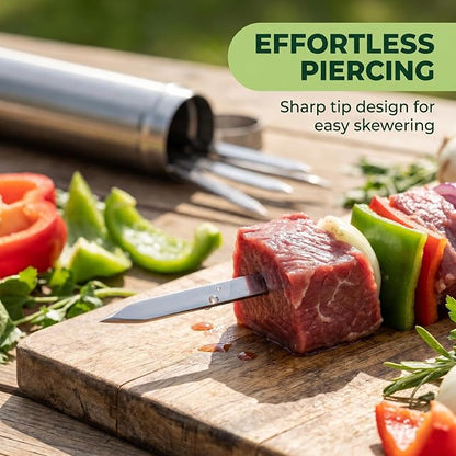 25 Pack Flat Non-Slip Stainless Steel Skewers | 13.5 Inch Length, Anti-roll Food Locking Design, Bend Resistant Thick Steel with Storage Tube for Grilling Kabobs