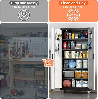 Aobabo Upgrade 71H''*34''W*18''D Metal Garage Storage Cabinet with Wheels and Pegboards, 5 Adjustable Shelves Steel Storage Cabinets for Home,Warehouse,Garage,Assembly Required,Black Sliver