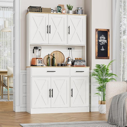Shintenchi Pantry Cabinet with Charging Station, 70” Tall Kitchen Storage Cabinet with Microwave Stand, Storage Drawers & Adjustable Shelves, Large Capacity Kitchen Hutch for Dining Room, White