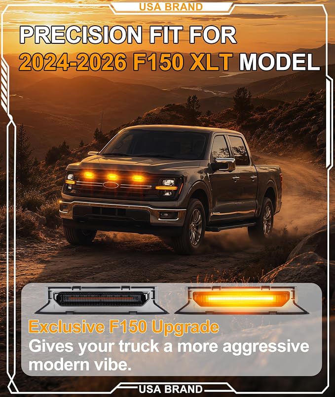 LED Grill Lights for Ford F150 2024-2026 Accessories XLT Only, Amber | Direct-Snap F150 Front Grille Marker Lights, OEM-Style Fit, IP68 Waterproof, Raptor-Style Front-End Upgrade, Off-Road Ready