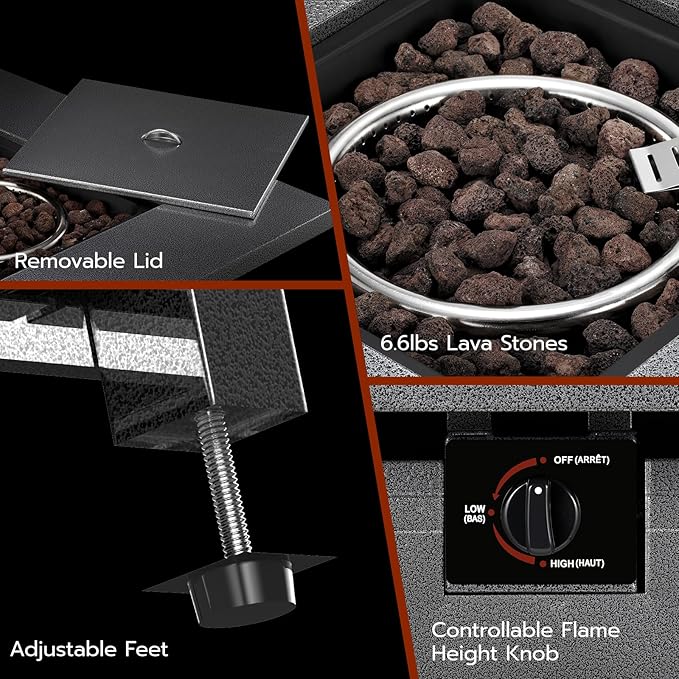 Xbeauty Propane Fire Pit Table, 28" Outdoor Gas Fire Pit Table, 40,000 BTU Auto-Ignition Fire Tables with Lid, Rain Cover and 3 Pounds Lava Stones for Outside Garden Backyard Deck Patio (Square)