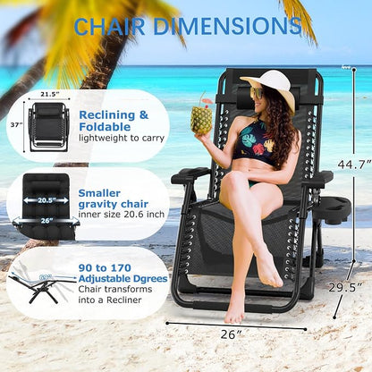 Slendor Zero Gravity Chair, Zero Gravity Lounge Chair with Upgraded Lock and Removable Cushion, Reclining Camping Chair with Cup Holder, Folding Recliner for Indoor and Outdoor, Black