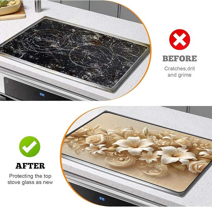 Multi-Design Stove Cover for Glass/Electric Stoves - 3-in-1 Heat-Resistant Protector Mat, Non-Slip Drying Rack 28"x20"