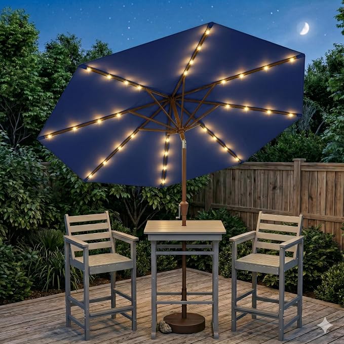 10FT Solar Lighted Patio Umbrella, Outdoor Table Market Umbrellas with Push Button Tilt and Crank, 32 LED Lights, 8 Sturdy Ribs, UV-Resistant for Deck, Garden, Pool