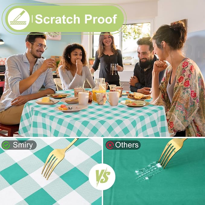 Smiry Picnic Table Cloth, Vinyl Tablecloths with Flannel Backing, 60" Round | Waterproof Picnic Table Cloth, Wipeable Buffalo Plaid Table Cover for Indoor and Outdoor (Teal & White)