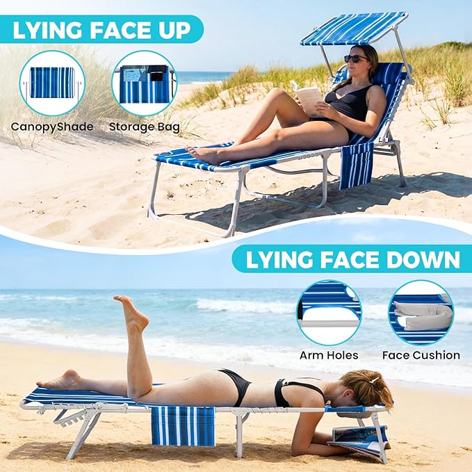 #WEJOY 3 in 1 Tanning Chair with Face Hole and Canopy, 5-Position Folding Face Down Lounge Chairs for Outside Beach Pool, 300lbs Heavy Duty Portable Sun Lounger with Pillow & Storage Bag (Blue White)