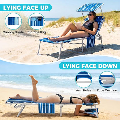 #WEJOY 3 in 1 Tanning Chair with Face Hole and Canopy, 5-Position Folding Face Down Lounge Chairs for Outside Beach Pool, 300lbs Heavy Duty Portable Sun Lounger with Pillow & Storage Bag (Blue White)