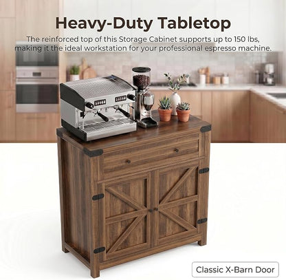 YESHOMY Kitchen Storage Coffee Bar Accent Cabinet, Brown&Rustic, 1PCS | Farmhouse Sideboard Buffet Cabinet, Large Drawer and Adjustable Shelf, Barn Door Accent Cabinet for Dining Room, Entryway