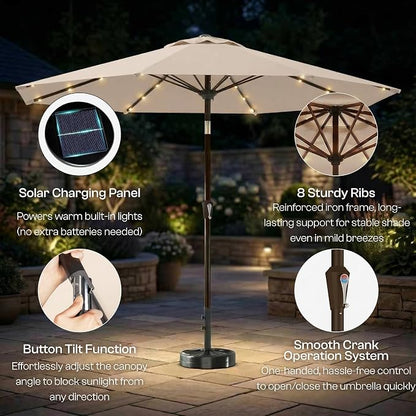 10FT Solar Lighted Patio Umbrella, Outdoor Table Market Umbrellas with Push Button Tilt and Crank, 32 LED Lights, 8 Sturdy Ribs, UV-Resistant for Deck, Garden, Pool