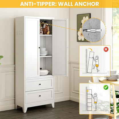 72" Metal Storage Cabinet with 2 Drawer, 2 Adjustable Shelves & Hooks, Utility Kitchen Pantry Cabinet for Home, Living Room, Pantry, Assemble Required (White)