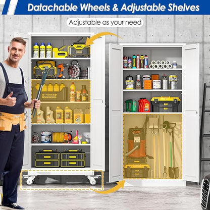 GAIOUS Metal Garage Storage Cabinet with Lock, Steel Tool Cabinet with 2 Doors and 5 Adjustable Shelves, 75” Tall Lockable File Cabinet with Wheels, Organization for Home Office Garage Gym - White
