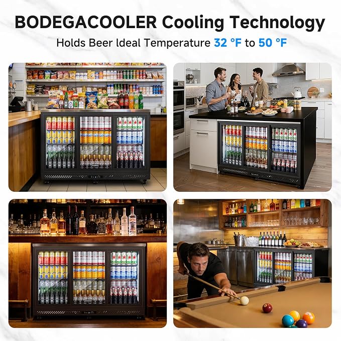 BODEGACOOLER 12 Cu.Ft Back Bar Cooler, 3 Sliding Glass Doors, 6 Castes | Commercial beverage refrigerator for beer and soda with Stainless Steel Top, 6 adjustable shelves, LED lighting, 32°F-50°F